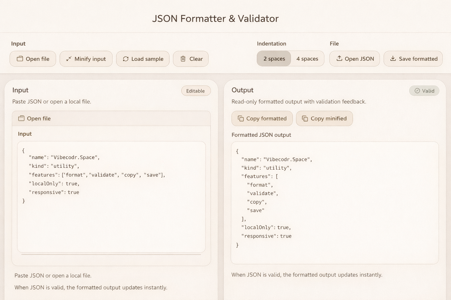 JSON Formatter and Validator - Vibecodr.Space by @vibecodr